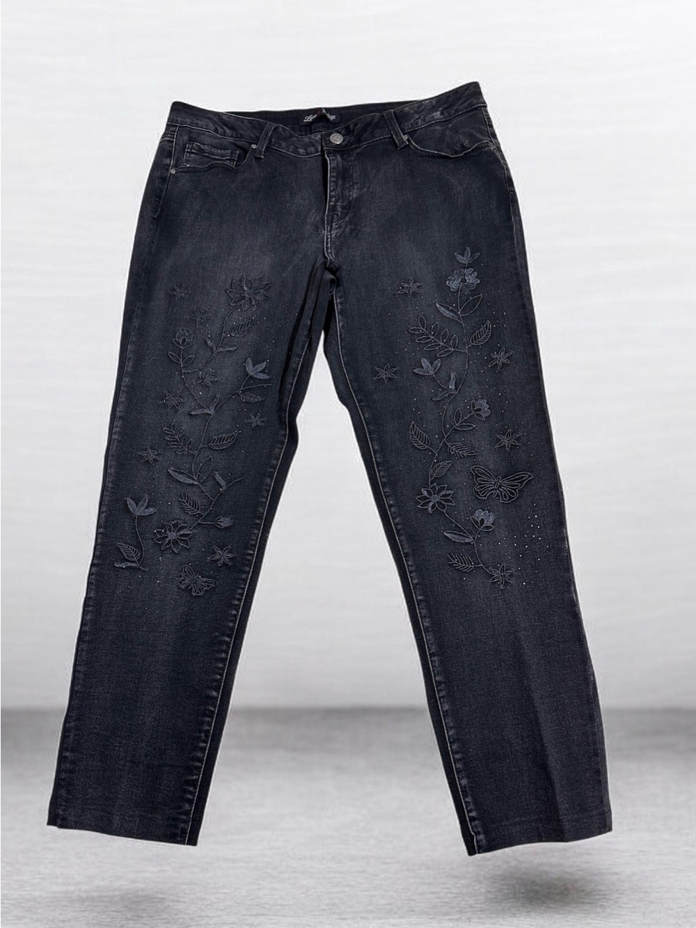Love Black Straight-Leg Jeans with Tonal Floral Embroidery